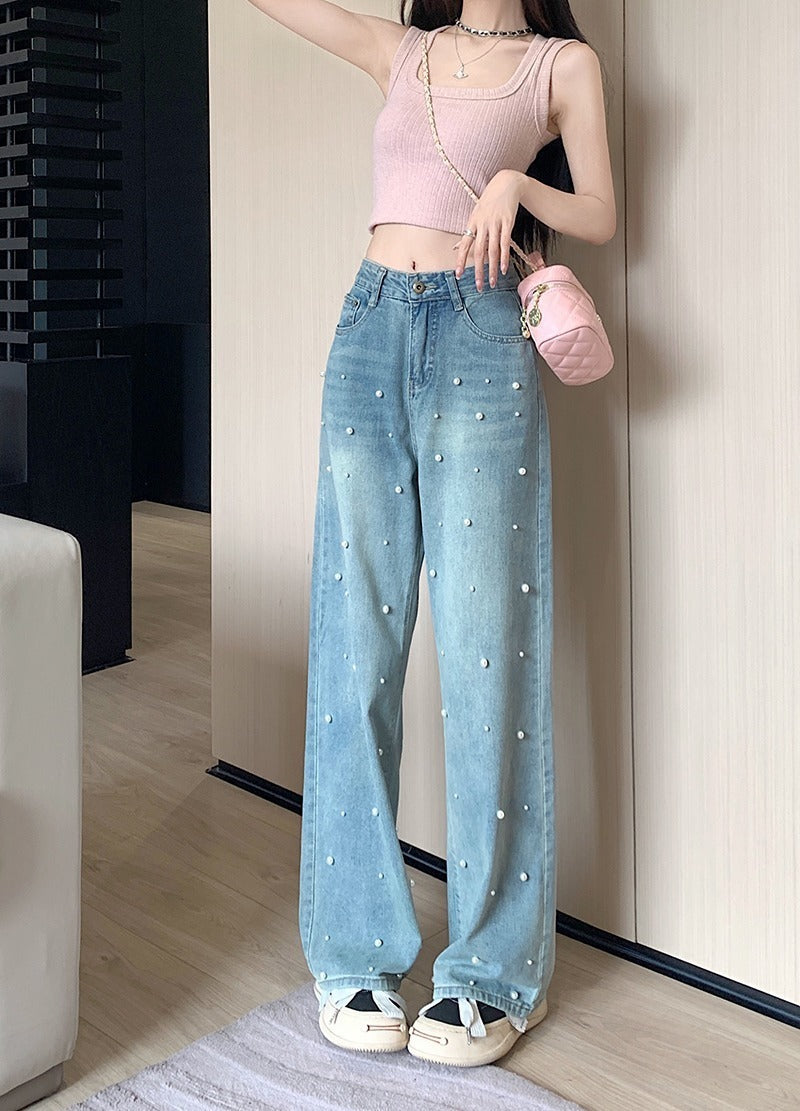 Pearl Straight Jeans High Waist Slim-fit Wide-leg Pants Women