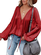Women's Satin V-neck Long Sleeve Shirt Casual