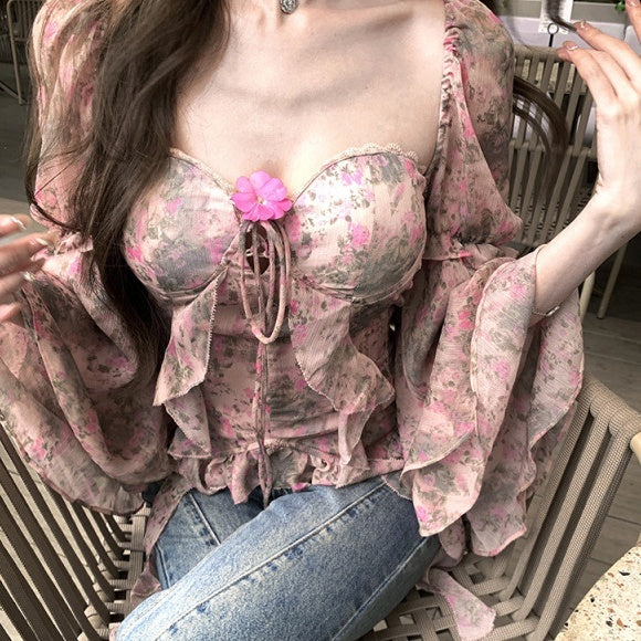 Printed Bay Sleeve Waist-tight Silk Craft Chiffon Blouses For Women