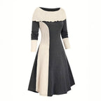 Elegant Scoop Cuffed Long Sleeve Knitted Color-matching Dress