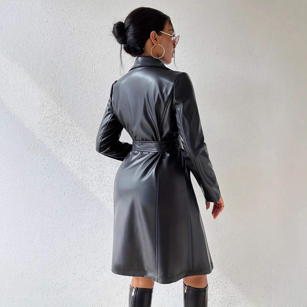 PU Long Sleeve Women's Slim Fit Long Trench Coat