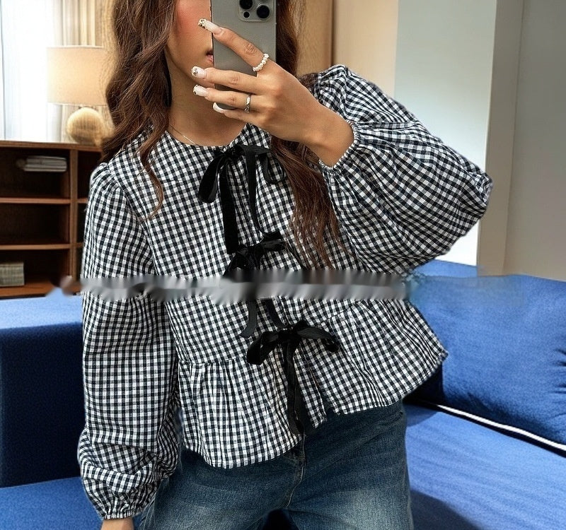 Summer Women's Plaid Loose Bow Long Sleeve Shirt