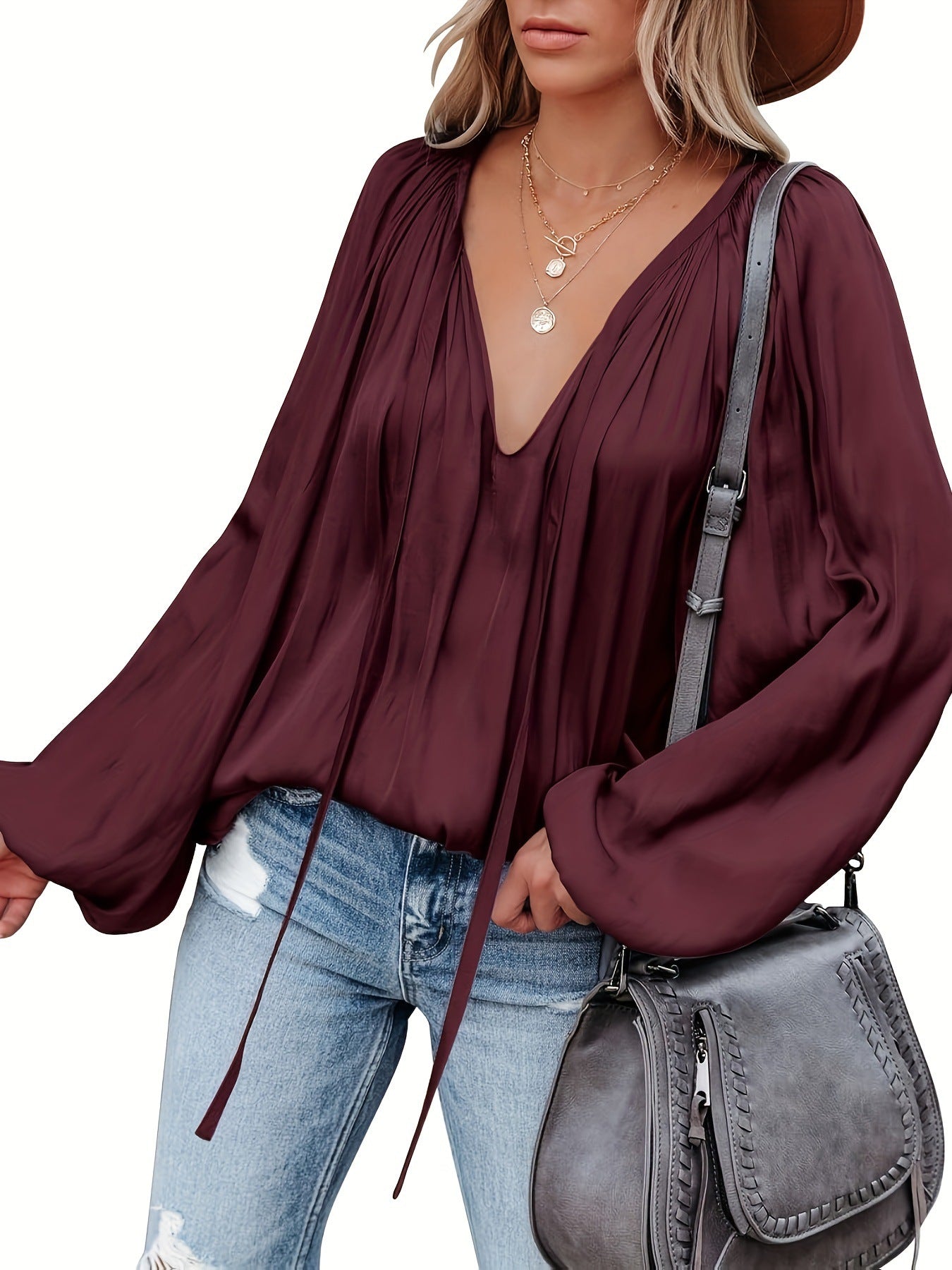 Women's Satin V-neck Long Sleeve Shirt Casual