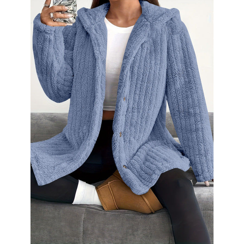 Women's Solid Color Long Sleeve Hooded Loose Plush Coat